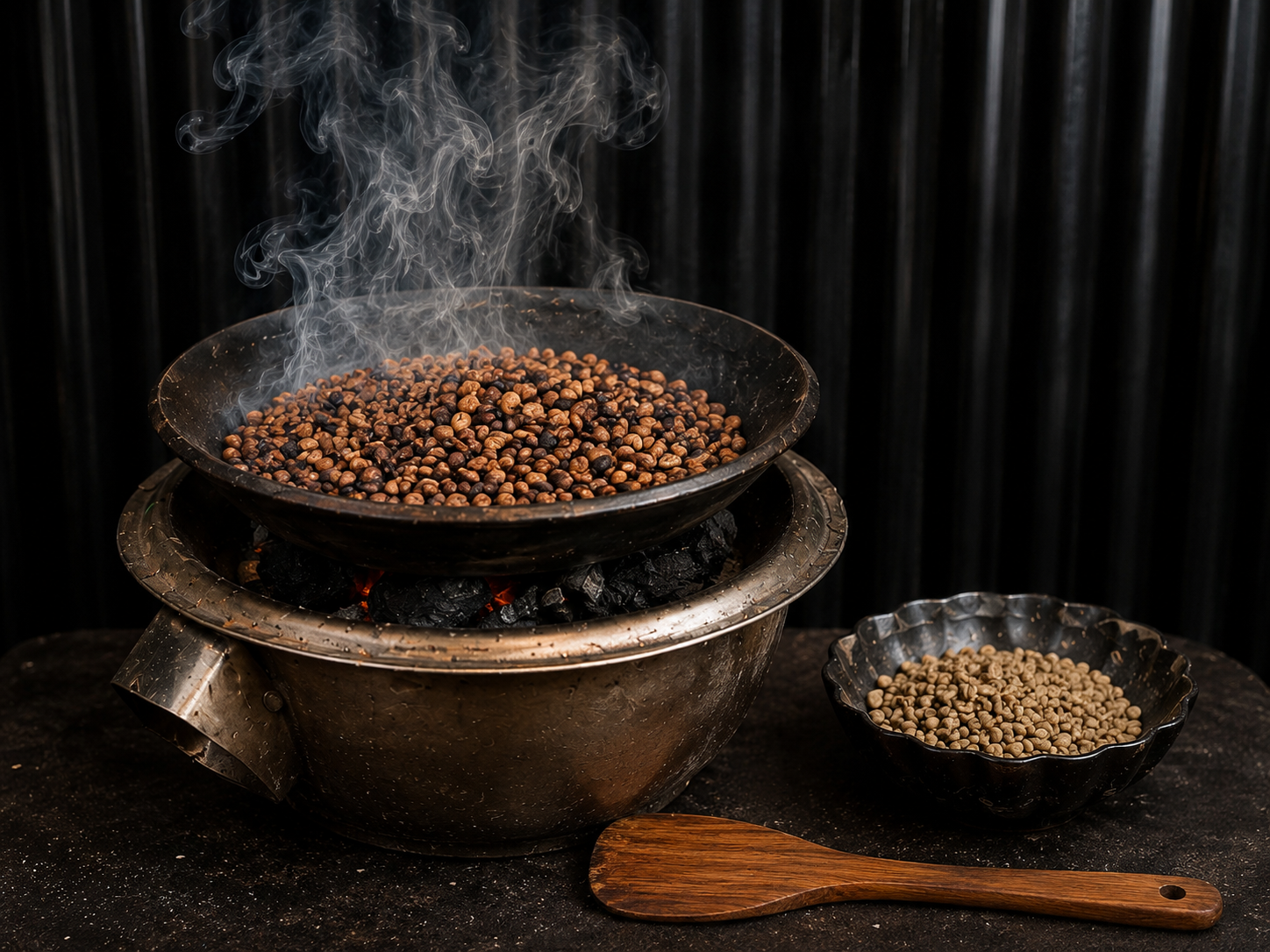 Coffee beans roasting over an open flame at an ADOLA catering setup