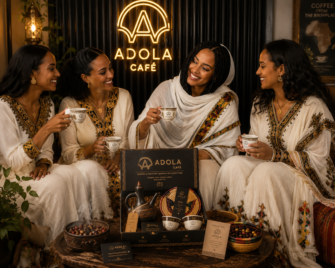 Four women in traditional Ethiopian dress sharing coffee beneath the ADOLA Café sign