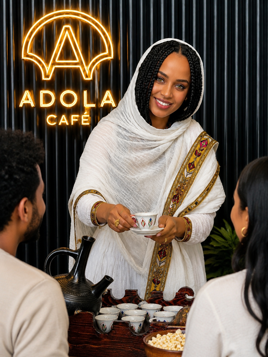 A host in traditional dress serving a cup of coffee to guests