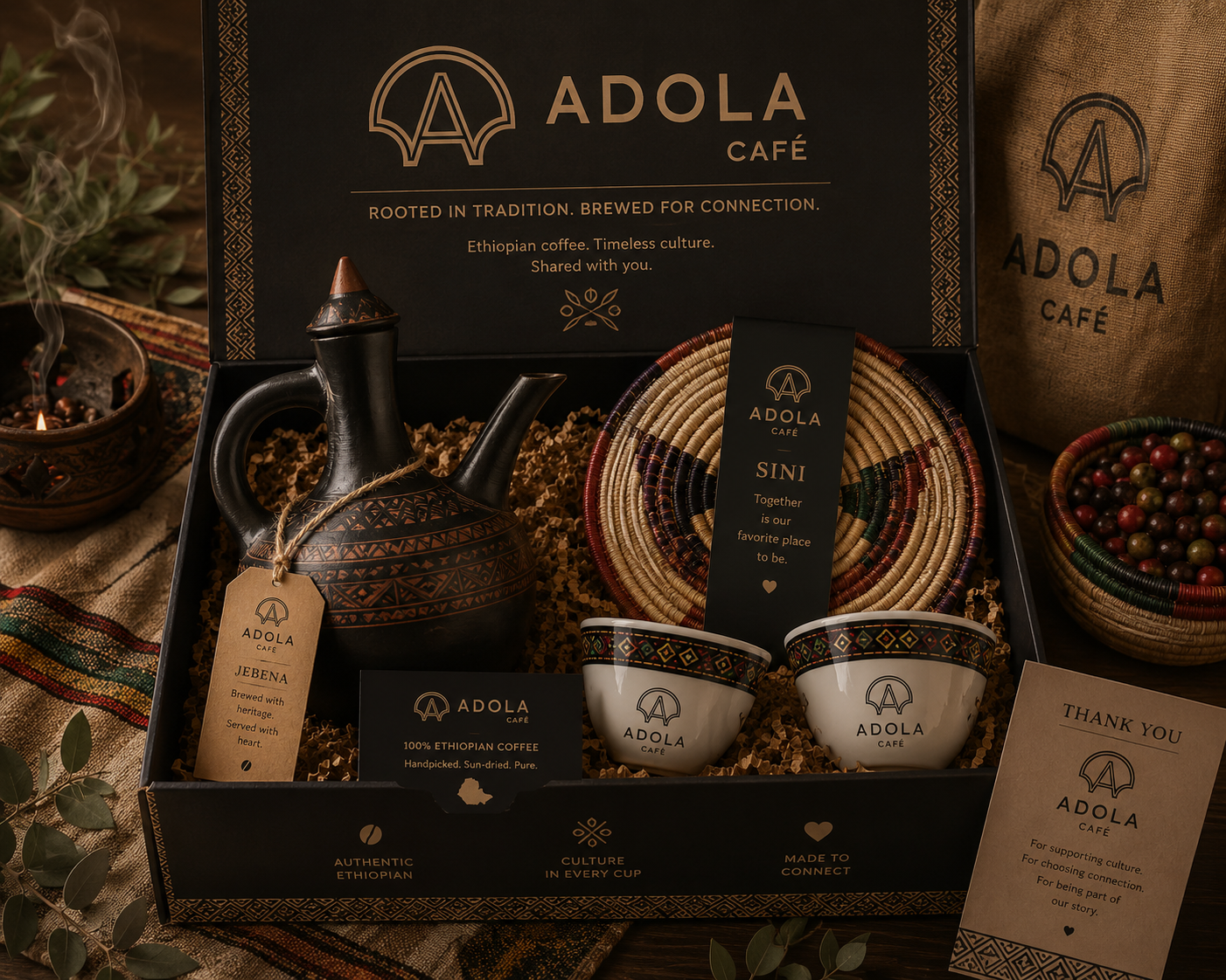 ADOLA Café ceremony gift box with jebena, sini cups, coffee and incense